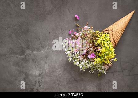 Waffle ice cream cone filled with fresh blossom wild flowers Stock Photo