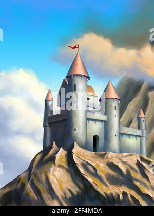Medieval castle in an imaginary landscape. Original digital illustration. Stock Photo