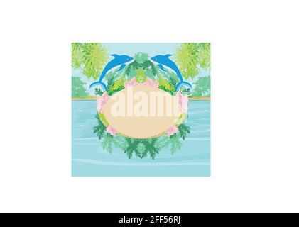 tropical  frame - green palms and jumping dolphins Stock Vector