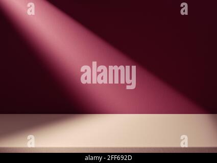 Illuminated corner of square podium as place for displaying your product. Burgundy red wall behind. Computer rendering product background. Stock Photo