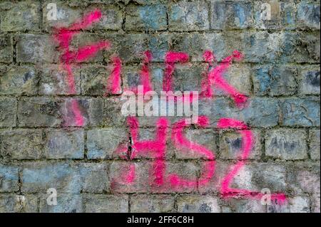 Denham, Buckinghamshire, UK. 24th April, 2021. Anti HS2 grafitti on a bridge near the Grand Union Canal. The High Speed Rail link from London to Birmingham puts 693 wildlife sites, 108 ancient woodlands and 33 SSSIs at risk. Credit: Maureen McLean/Alamy Stock Photo