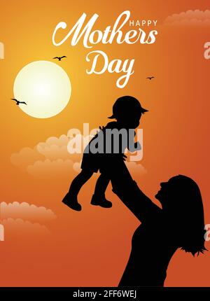 Happy mother's day greeting. Loving Mother rising his son up and makes him smile. Family holiday and togetherness. vector illustration design. Stock Vector