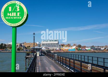 1/3 mile marker on Southend Pier on a bright sunny day in Southend on Sea, Essex, UK. Third of a mile Stock Photo