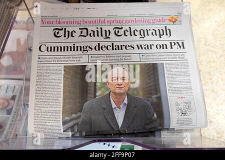Dominic 'Cummings declares war on PM' Boris Johnson' The Daily Telegraph front page newspaper headline news article London England UK 23 April 2021 Stock Photo