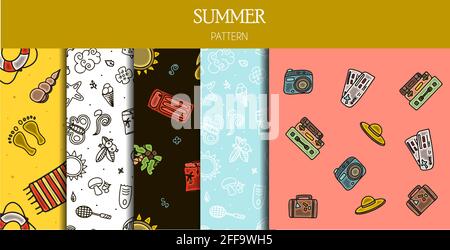 Seamless summer patterns. Hand draw accessories for beach holidays by the sea. Doodle Illustration for ads, web, flyers, and banners. Set of drawn by Stock Vector
