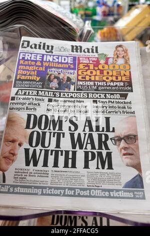 Daily Mail newspaper headline front page 'Dom's All Out War With PM' Boris Johnson Dominic Cummings on newsstand 24 April 2021 London England UK Stock Photo