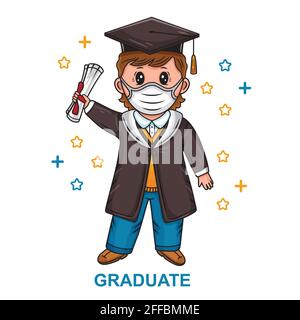 Graduation ceremony 2021. Graduating student celebration finish study at university Graduate boy in protective mask, academic uniform. Cartoon vector Stock Vector