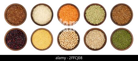 set of bowls with various cereals and legumes isolated on white background Stock Photo