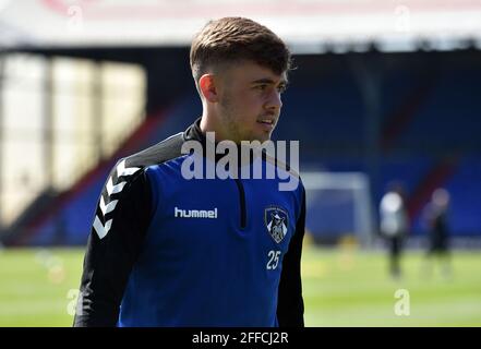 OLDHAM, UK. APRIL 24TH Oldham Athletic's Alfie McCalmont warming up the Sky Bet League 2 match between Oldham Athletic and Grimsby Town at Boundary Park, Oldham on Saturday 24th April 2021. (Credit: Eddie Garvey | MI News) Credit: MI News & Sport /Alamy Live News Stock Photo