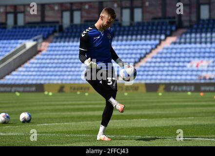 OLDHAM, UK. APRIL 24TH Oldham Athletic's Laurie Walker (Goalkeeper) warming up the Sky Bet League 2 match between Oldham Athletic and Grimsby Town at Boundary Park, Oldham on Saturday 24th April 2021. (Credit: Eddie Garvey | MI News) Credit: MI News & Sport /Alamy Live News Stock Photo