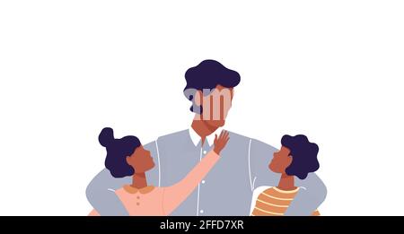 African man hugging his son and daughter. Faceless dad together with children. Father talking to his kids. Happy family. Cute cartoon characters Stock Vector