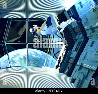 View of Earth from a deck of a spaceship. Interstellar travel. Planets to explore. New worlds and galaxies. Sci-fi. Future technology. 3d render Stock Photo