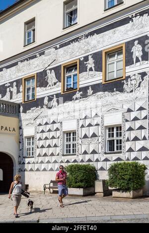 The Sgraffiti or graffiti knights house in the town square, Mikulov, Czech Republic Stock Photo