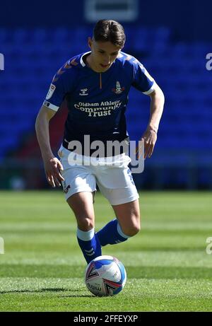 OLDHAM, UK. APRIL 24TH Stock action picture of Oldham Athletic's Callum Whelan during the Sky Bet League 2 match between Oldham Athletic and Grimsby Town at Boundary Park, Oldham on Saturday 24th April 2021. (Credit: Eddie Garvey | MI News) Credit: MI News & Sport /Alamy Live News Stock Photo