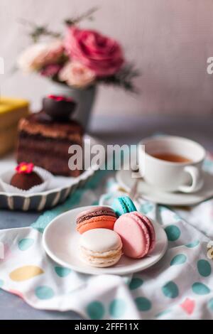 Top view closeup of a variety of cake pieces and macaroons  on the white plate on the grey table Stock Photo