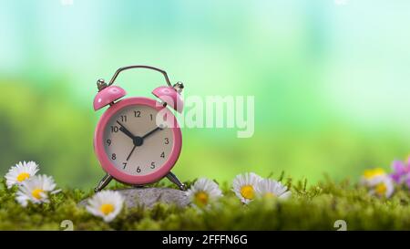 Springtime - Saving Summer Concept. Pink alarm clock on forest moss. Stock Photo