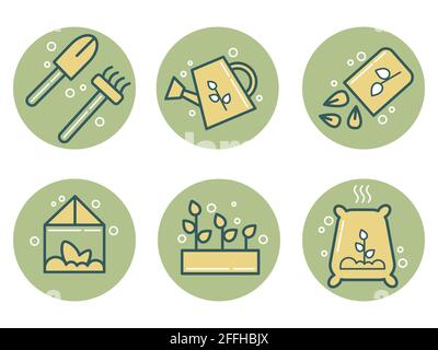 Flat gardening icons set vector illustration isolated on white background. For print, design, decoration, stickers, apparel, t shirt, store, advertisi Stock Vector