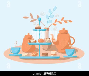 High tea with sweets and flowers vector illustration in calm colors isolated on blue background. For cards, print, design, decoration, stickers, appar Stock Vector