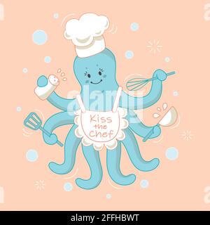 Cute character chef octopus cooking. Vector colorful isolated illustration on pink background. For print, design, decoration, stickers, apparel Stock Vector