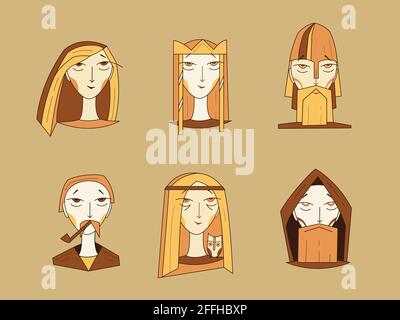 Set of fairytale cartoon character faces. Vector isolated illustration in flat style. For print, design, decoration, stickers, apparel, t shirt, web d Stock Vector