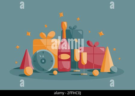 New Years composition with bottle of champagne, presents and clock. Vector abstract illustration isolated on green background. Celebration concept. Fo Stock Vector