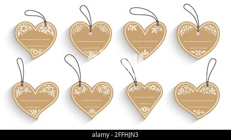 Shopping label paper craft set. Brown cardboard sale romantic empty gift tag, coupon, badge design template. Various blank heart shape discount ticket collection. Fashionable retro card text frame Stock Vector