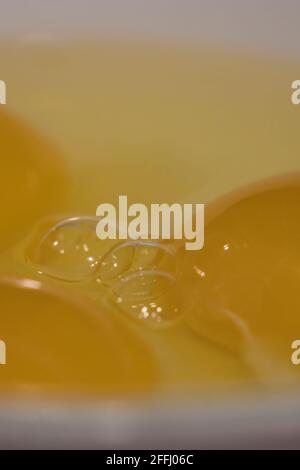 close up of three raw eggs cracked into a white bowl Stock Photo