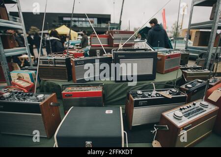 London/UK - 29 April 2018: Classic Car Boot Sale by Vintage. Retro festival where people selling their vintage clothing and other goods from jewellery Stock Photo