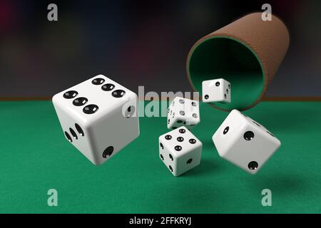 Close-up of dice rolling on a green cloth. 3d illustration. Stock Photo
