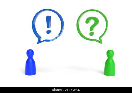 Pawns with speech balloons with question and exclamation mark isolated on white background. 3d illustration. Stock Photo