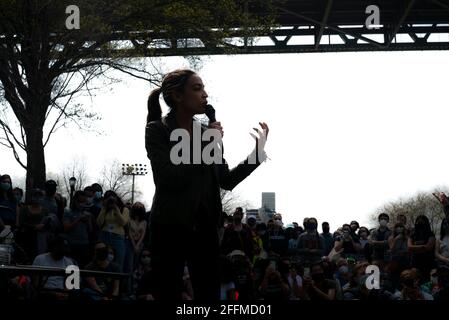April 24, 2021, New York, NY, USA: April 24,  2021:  US Congresswoman Alexandria Ocasio-Cortez gave a speech in Astoria Park, Queens on the Green New Deal. (Credit Image: © Dan Herrick/ZUMA Wire) Stock Photo