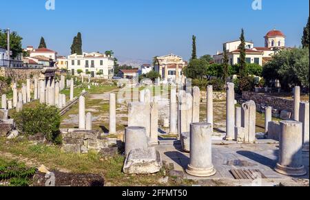 Roman Agora, ancient square in Athens, Greece, Europe. Panorama of old Greek ruins at Plaka district in Athens city center. This place is landmark of Stock Photo