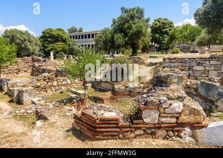 Landscape of ancient Greek ruins in Agora, Athens, Greece, Europe. Scenic view of remains of old classical Athens in summer. This place is landmark in Stock Photo