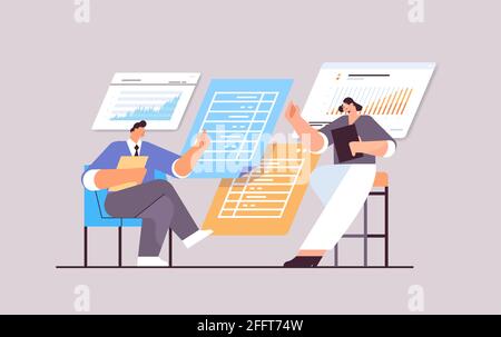 businesspeople analyzing financial data on charts and graphs planning report market analysis accounting Stock Vector