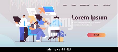 businesspeople team putting puzzle pieces business partners working together on project problem solution Stock Vector