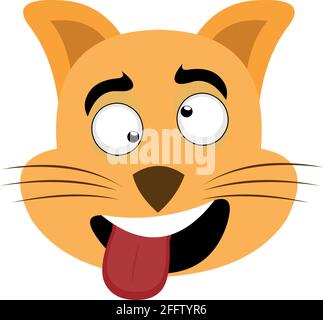 Vector illustration of the face of a cartoon cat with a crazy expression and with his tongue out Stock Vector