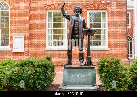 04-16-2021 Easton, MD, USA: Statue of the famous reformist abolitionist African American leader Frederick Douglass, in front of the Talbot County Cour Stock Photo