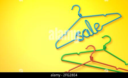 Hanger with the inscription SALE in blue on a yellow background. Copy space for text. 3d render Stock Photo
