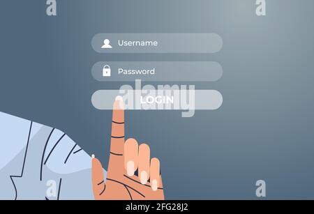 human hand pressing login button on virtual screen authorization internet networking concept Stock Vector