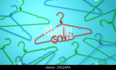 A hanger with the inscription SALE in red on a green background. 3d render. Stock Photo