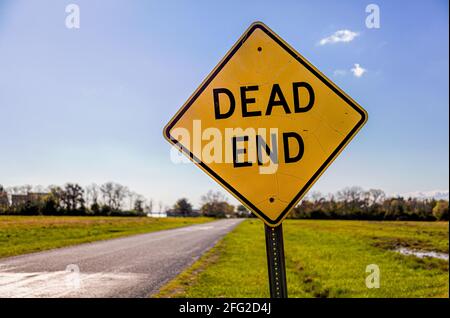 Dead End road sign with a road going to horizon in the background. Versatile image for bussiness or project failure, road blocks, problems concepts wi Stock Photo