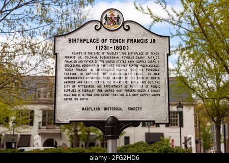 Easton, MD, USA 04-16-2021: A signpost erected by Maryland Historical Society on the location of the birthplace of revolutionary business man and merc Stock Photo