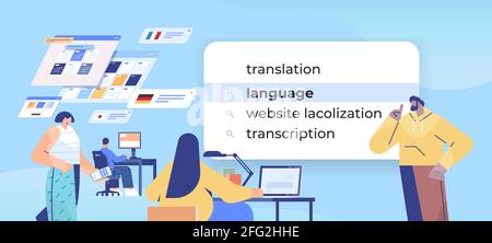 mix race people choosing language in search bar on virtual screen transcription internet networking concept Stock Vector