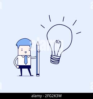 Businessman use pencil to draw a light bulb. Cartoon character thin line style vector. Stock Vector