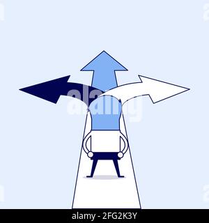 Businessman standing on three way arrows. Cartoon character thin line style vector. Stock Vector