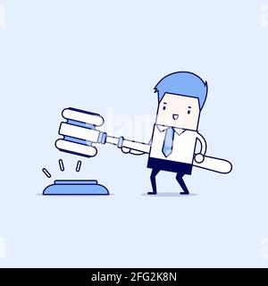 Businessman hold a big gavel in hands for justice. Cartoon character thin line style vector. Stock Vector
