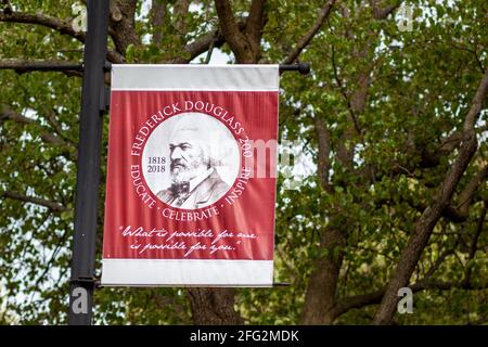 04-16-2021 Easton, MD, USA: Banner commemorating the famous reformist abolitionist African American leader Frederick Douglass, near Talbot County Cour Stock Photo