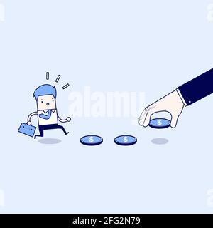 Business hand use money to entice businessman, bait or financial trap. Cartoon character thin line style vector. Stock Vector