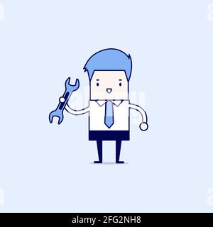 Businessman with a spanner. Cartoon character thin line style vector. Stock Vector