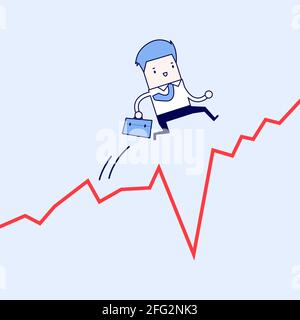 Businessman jumps over the gap in growth chart. Cartoon character thin line style vector. Stock Vector